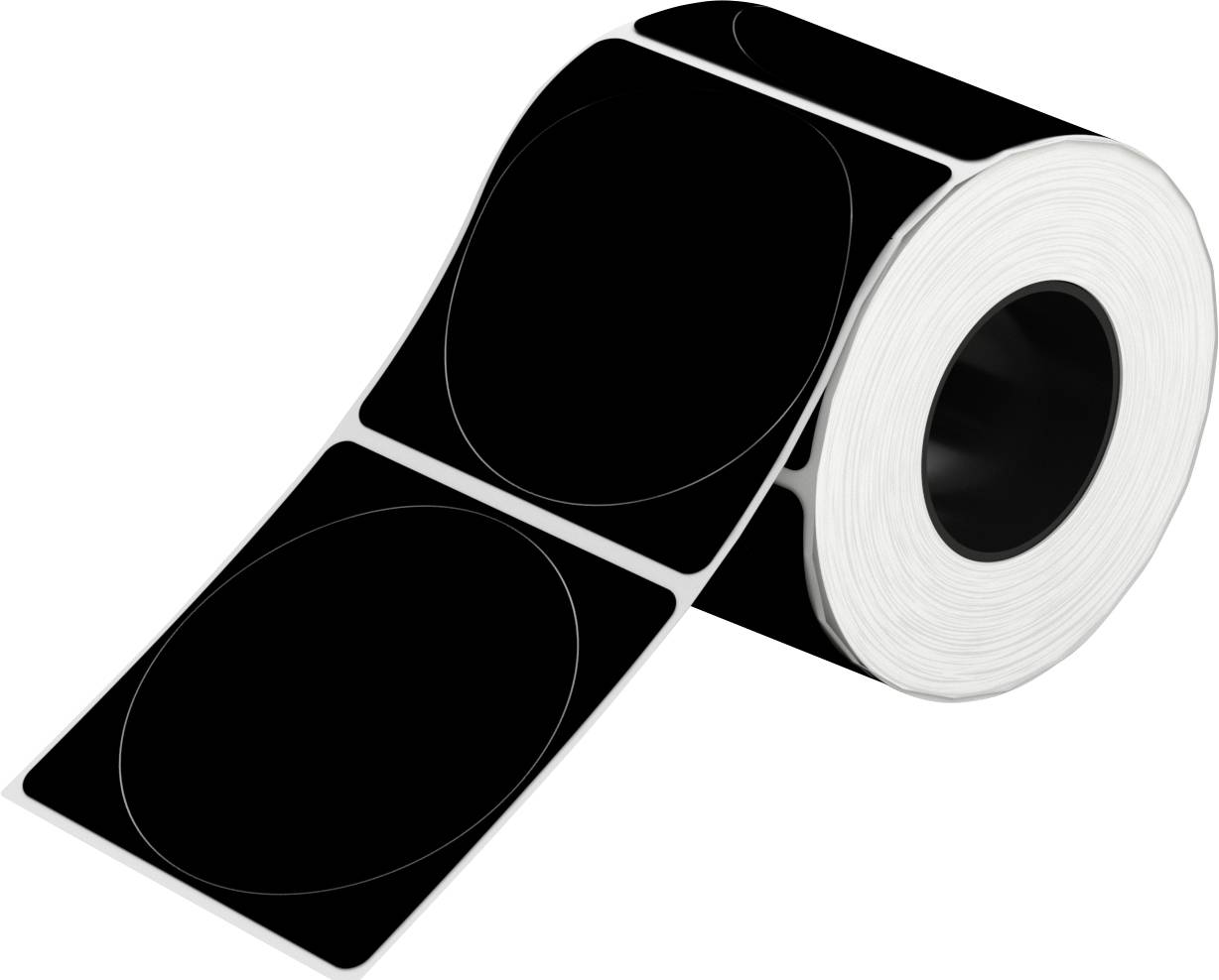 Rouleau d'étiquettes adhésives noires avec des formes ovales vierges, partiellement déroulé sur un fond blanc.