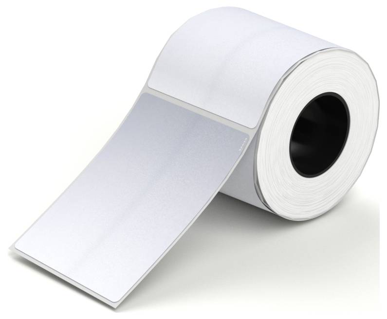 Roll of blank white adhesive labels or stickers, with one label peeled out and extended forward.