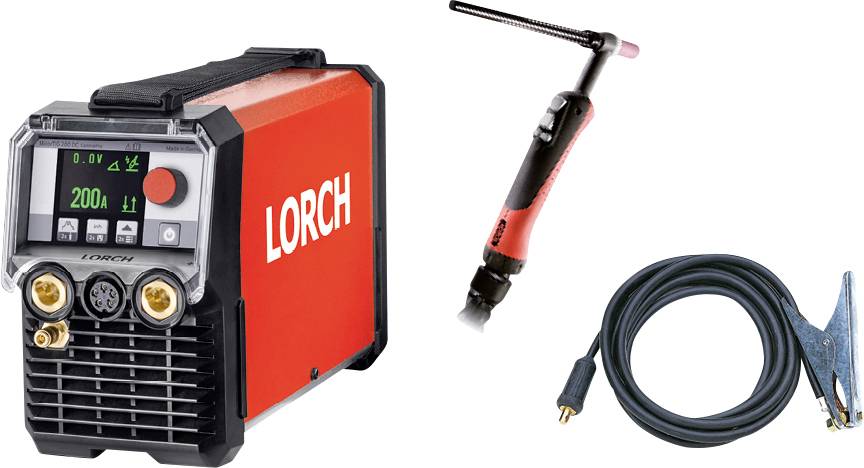 « Une machine de soudage Lorch avec écran numérique, une torche de soudage rouge, et un câble de mise à la terre bleu avec pince, présentés sur un fond blanc. »