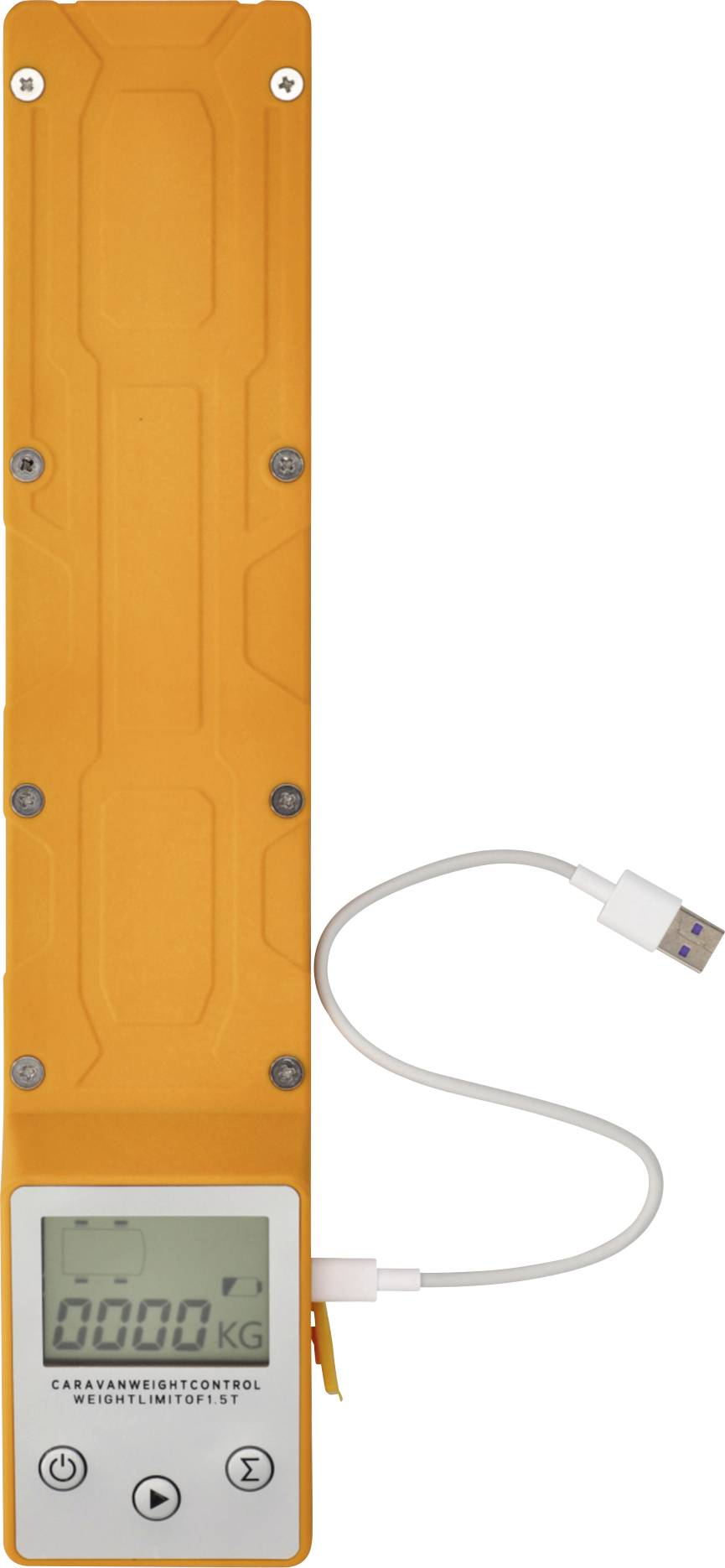 Une balance pèse-personne électronique orange avec un écran numérique affichant « 000.0 KG ». Un câble USB blanc est attaché à l'appareil.