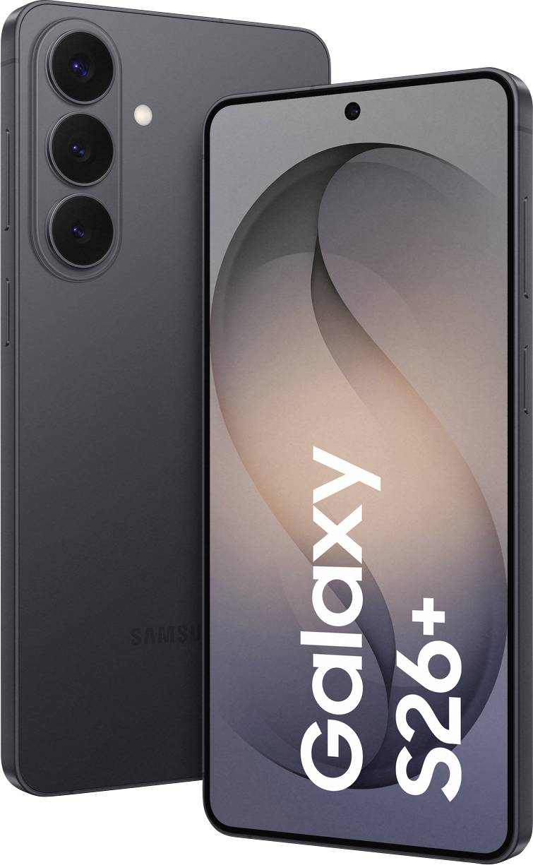 Un élégant smartphone noir avec trois caméras arrière et un écran affichant « Galaxy S26+ » en lettres grasses, mettant en avant un design moderne.
