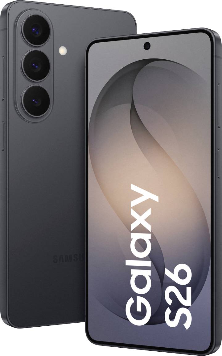 Un smartphone élégant avec un triple appareil photo est exposé. L'écran affiche le texte « Galaxy S26 » avec un design minimaliste.