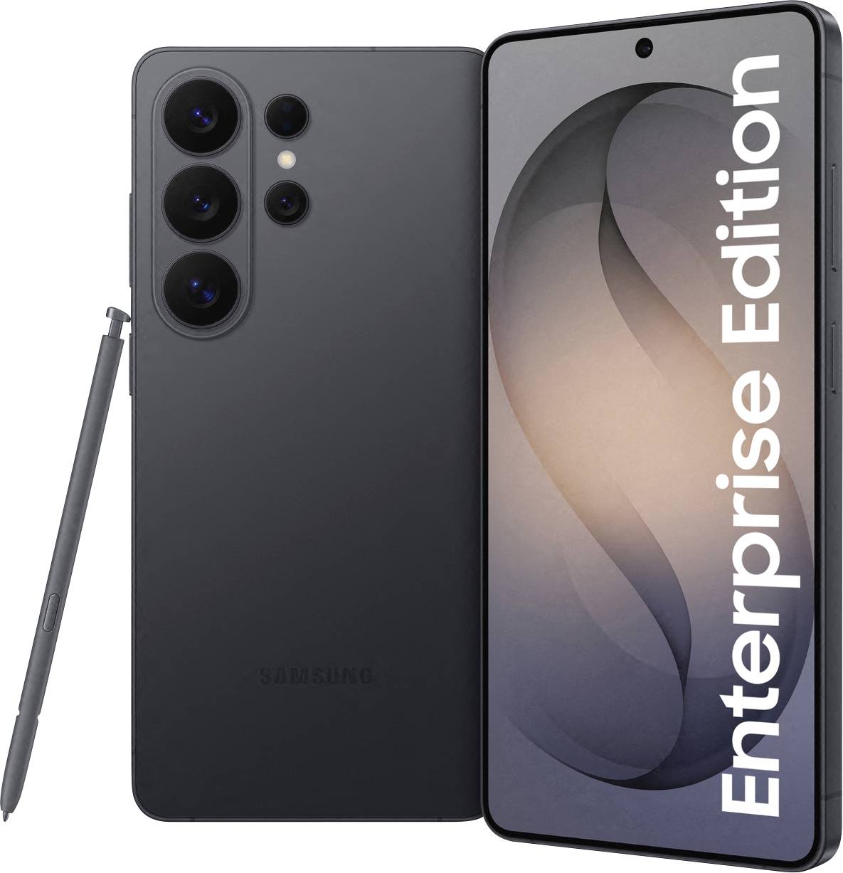 Un smartphone avec « Enterprise Edition » affiché à l'écran à côté d'un S Pen, mettant en avant un design noir épuré.