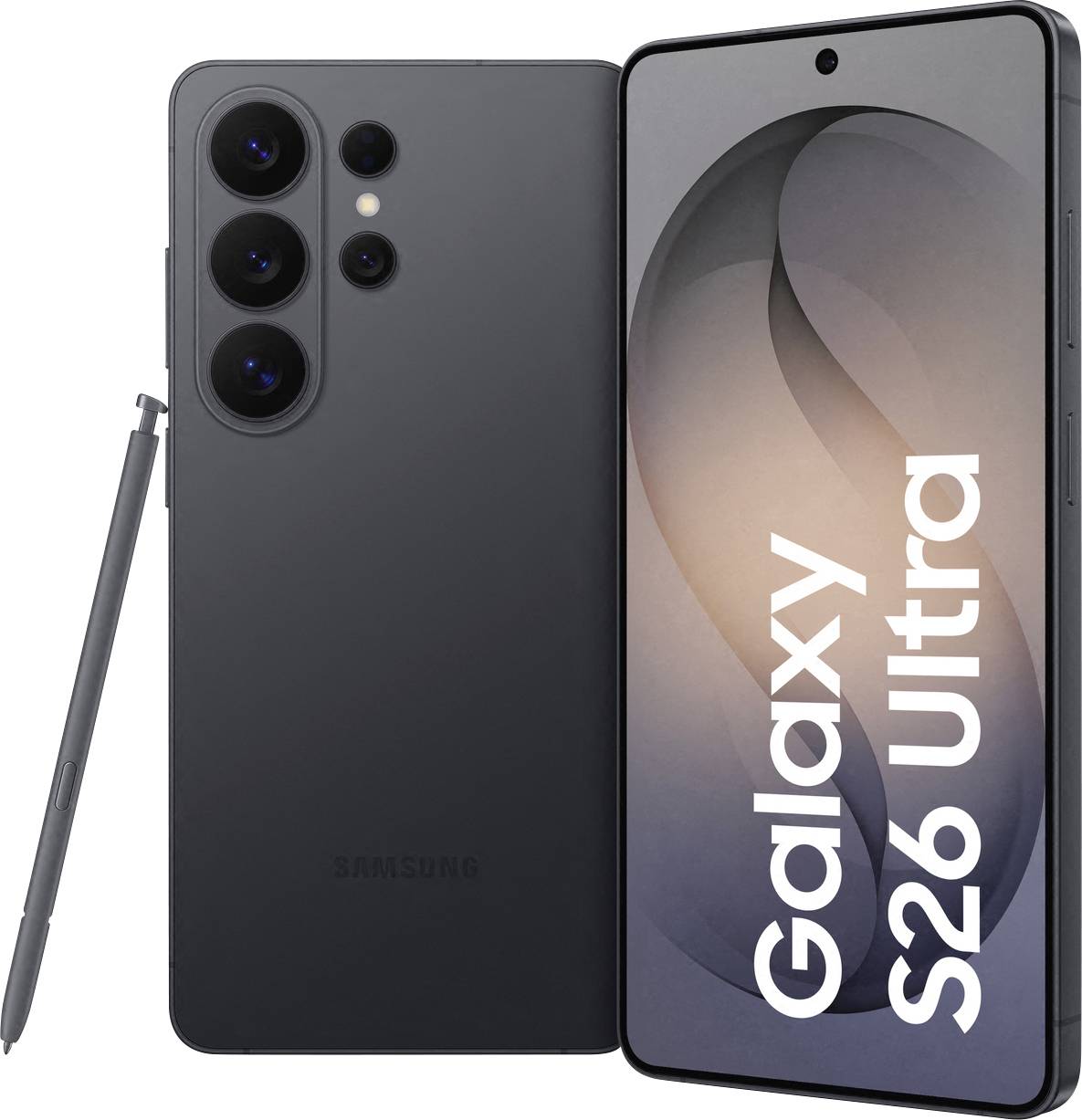 Un téléphone Samsung Galaxy S26 Ultra noir est affiché avec le S Pen. L'écran affiche le texte « Galaxy S26 Ultra ».