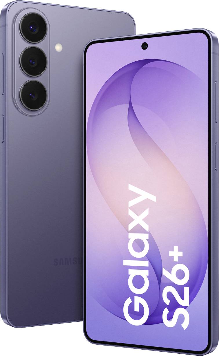 Un smartphone violet avec trois caméras arrière est montré. L'écran affiche un design de tourbillon violet avec le texte « Galaxy S26+ ».