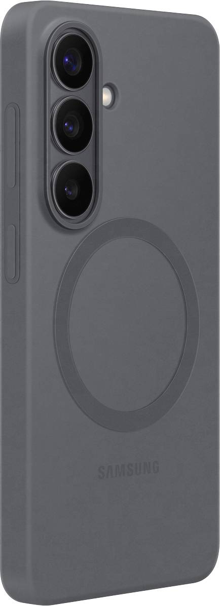 Étui pour téléphone Samsung gris foncé avec trois découpes pour caméra et un contour de disque magnétique au dos, conçu pour un attachement facile.
