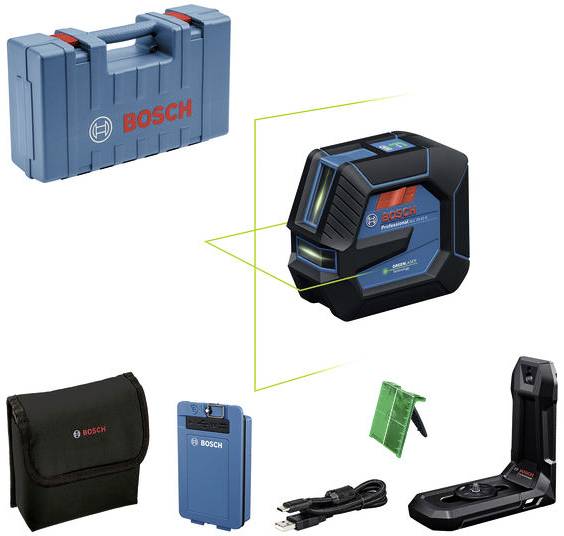 Bosch Laser-Mesgerät-Set einschließlich eines Laser-Mesgeräts, Schutzkoffer, Zielplatte, Stativadapter, Netzteil und Aufbewahrungstasche.