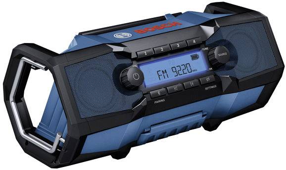 Ein tragbares Radio in Blau und Schwarz mit der Anzeige „FM 92.20