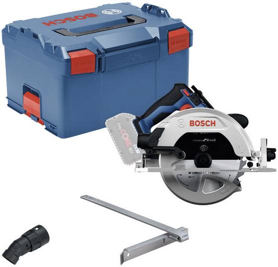 Eine Bosch Kreissäge mit blauer Aufbewahrungsbox, Schnittführung und Düsenaufsatz.