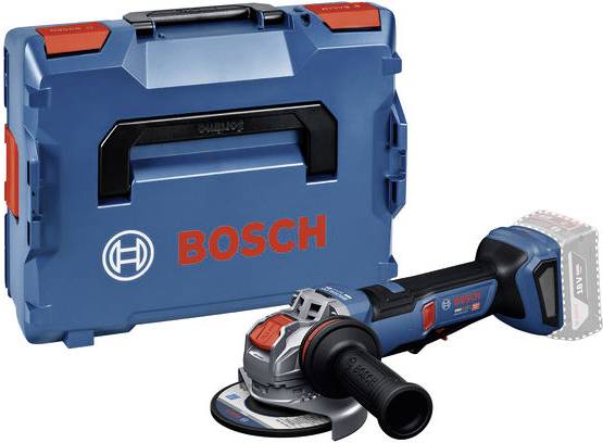 Ein kabelloses Winkelschleifer von Bosch sitzt vor einer blau-schwarzen Werkzeugkiste. Das Gerät hat einen roten Schalter und ein markantes Bosch-Logo.