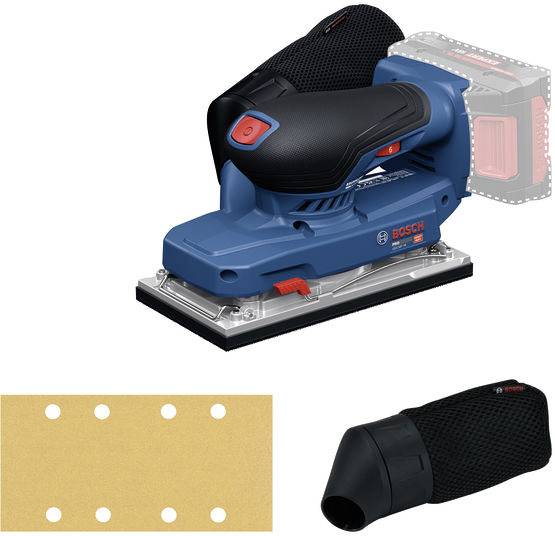 Bosch Professional Elektroschleiffer mit Schleifplatte und Staubsammelbeutel.