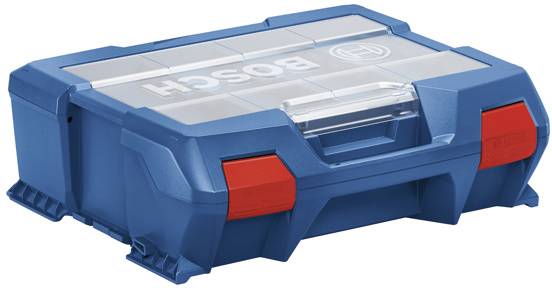 Eine blau und rot gefärbte Kunststoff-Werkzeugkiste mit transparentem Deckel, beschriftet mit „BOSCH