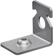 Eine Metallhalterung mit ebener Grundfläche, kreisförmigem Loch im aufrechten Bereich und einem erhöhten Abschnitt auf der Basis zur Montage oder Unterstützung.