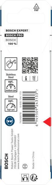 Verpackung für Bosch Pro Klingen, Details zur Kompatibilität: 100% kompatibel mit Bosch-Werkzeugen, optimiert für Edelstahl und Stahl. Mit QR-Code.