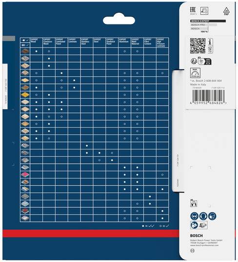 Ein Kompatibilitätsdiagramm für Bosch-Bohrer auf der Verpackung zeigt verschiedene Materialikonen und ein Gitter, das geeignete Bohrbittypen anzeigt.