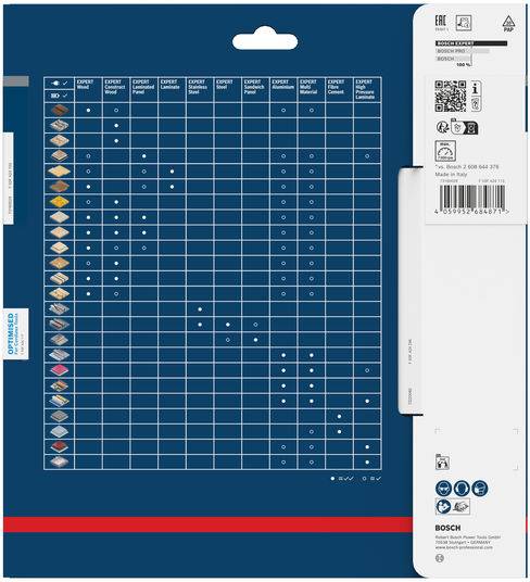 Comparison chart for Bosch drill bits, showing symbols and compatibility across various materials like wood, metal, and masonry.