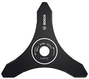 'Bosch' branded black triple-tooth brushcutter blade marked with 'MAX RPM 10000 X.XXX-XX'.