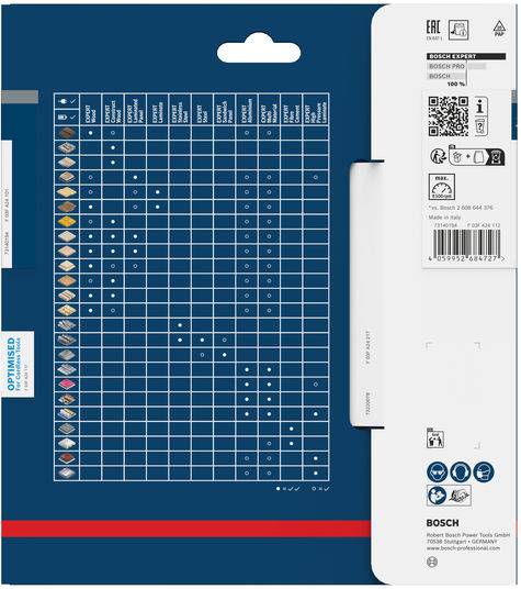 'Bosch repair set' packaging shows a compatibility chart with various drill bit types on a blue background. Labels and icons are visible.