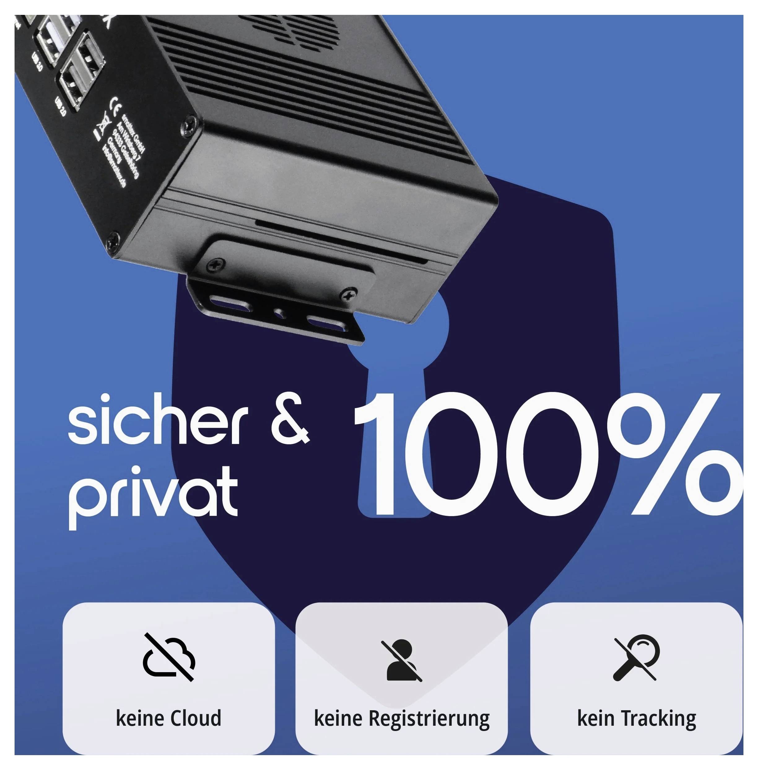 L'image montre un appareil sur un fond bleu avec le texte « sicher & privat 100% ». Les icônes ci-dessous indiquent aucun cloud, aucune inscription, aucun suivi.