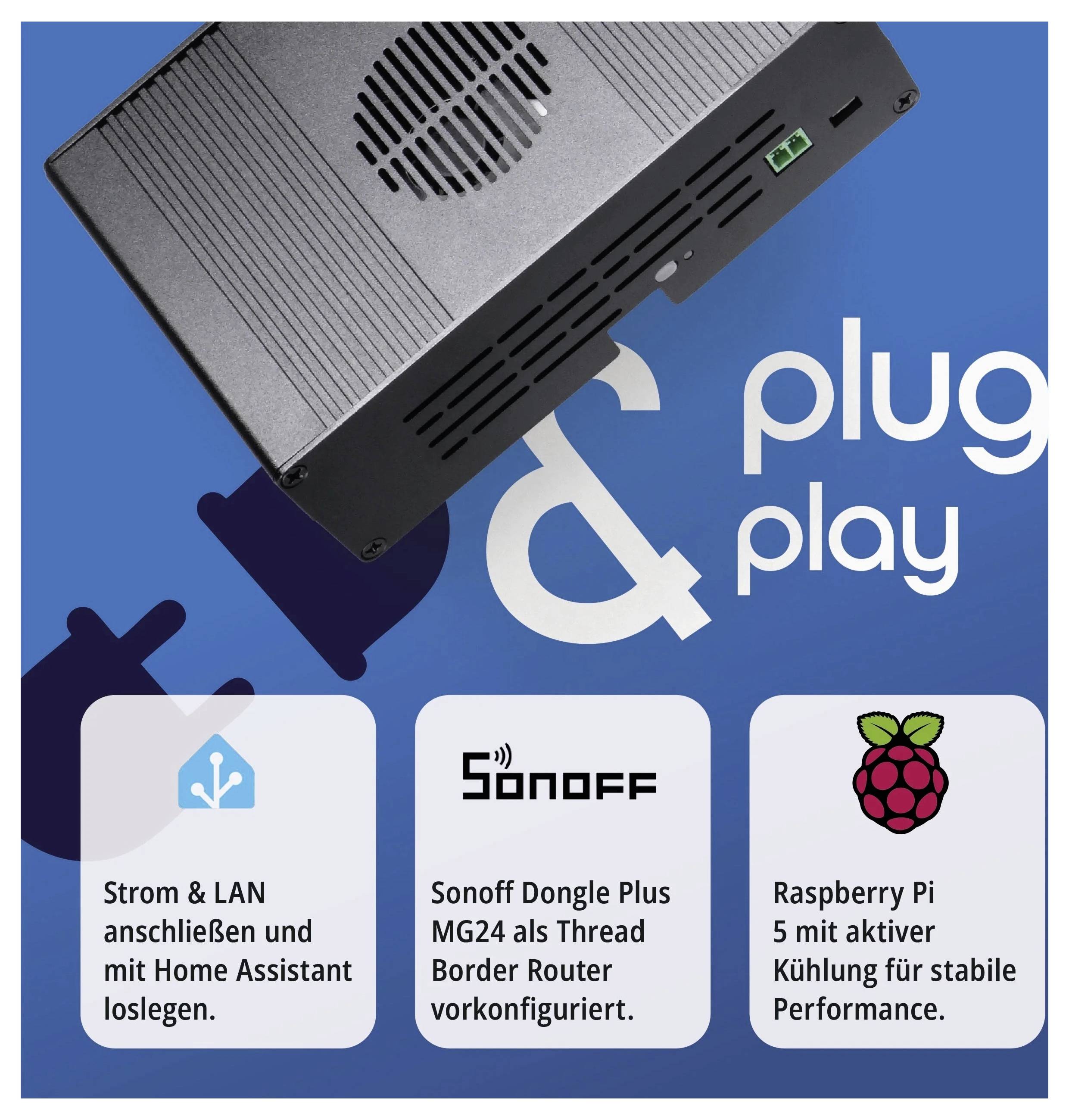 Plug and play setup with Home Assistant ready, a Sonoff Dongle Plus MG24 configured as a Thread Border Router, and active cooling with Raspberry Pi 5 for stable performance.