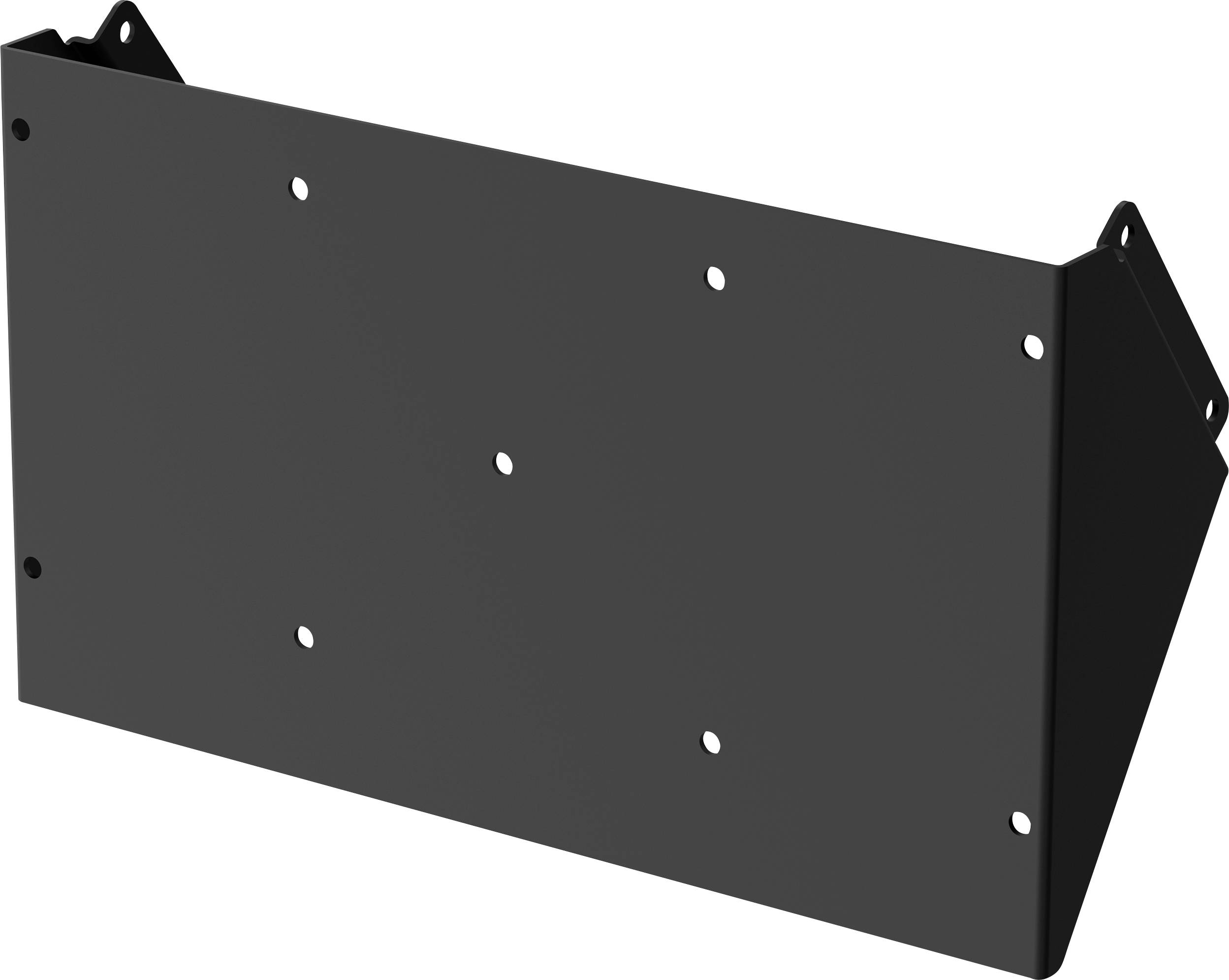 Un support métallique plat et rectangulaire avec des trous pré-percés, conçu pour le montage ou le support structurel. Ses bords sont légèrement courbés.