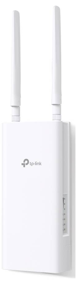 Un point d'accès sans fil extérieur TP-Link blanc avec deux antennes, conçu pour étendre la couverture Wi-Fi, présenté en position verticale.