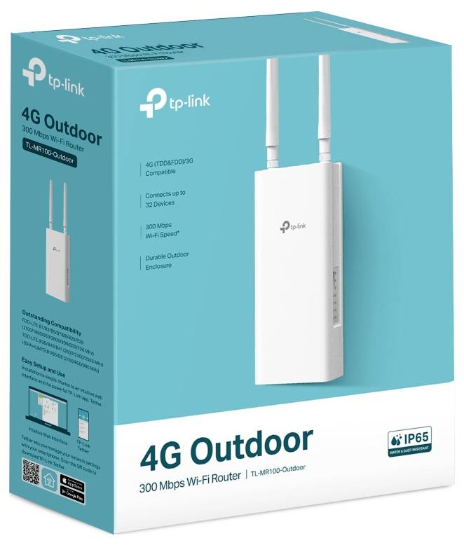 Routeur 4G extérieur TP-Link avec antennes doubles, modèle TL-MR100. Les caractéristiques incluent le Wi-Fi 300 Mbps et la protection IP65 contre les intempéries.
