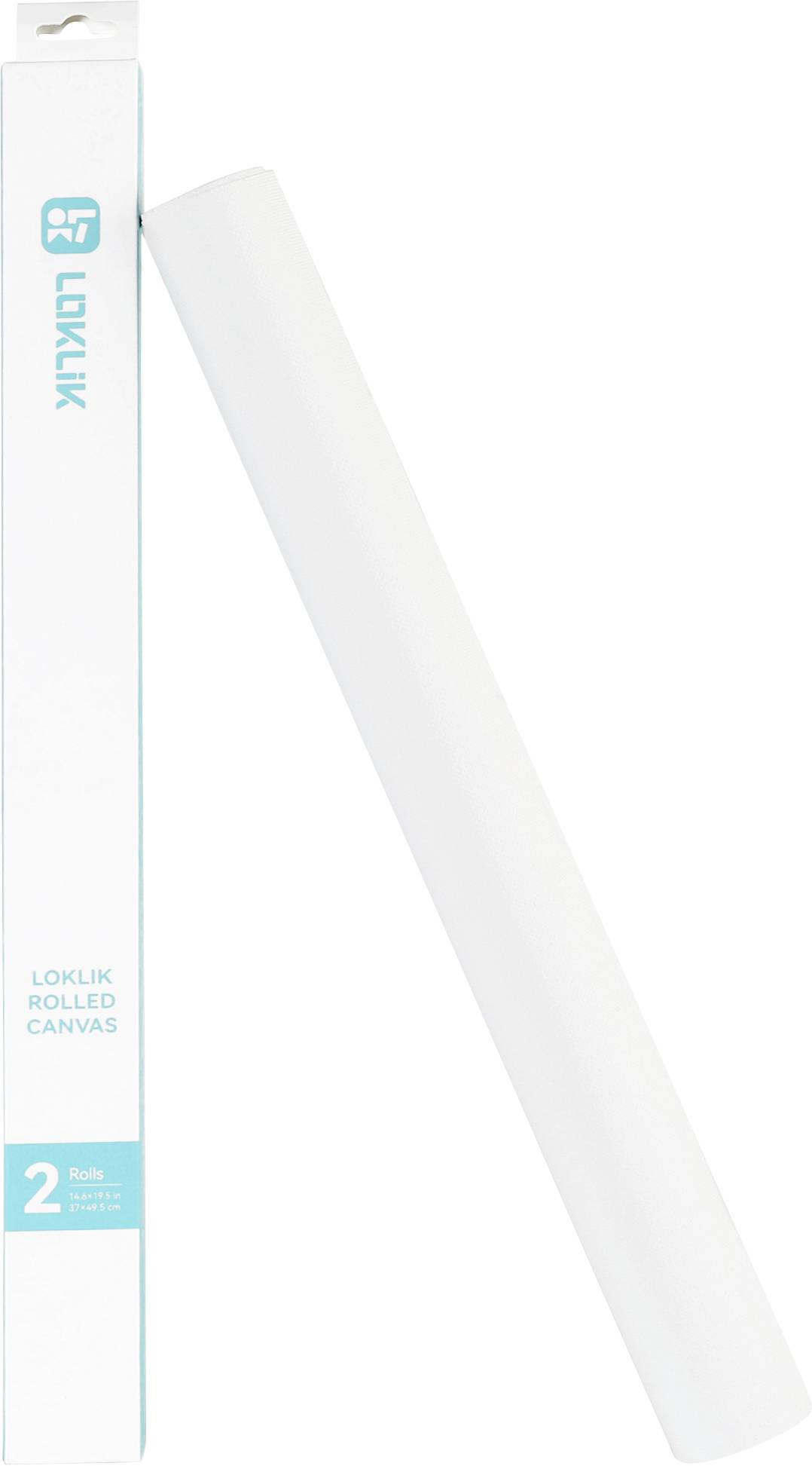 Une boîte étiquetée « LOKLIK Rolled Canvas » avec un canvas blanc roulé à côté, montrant qu'il y a deux rouleaux dans le paquet.