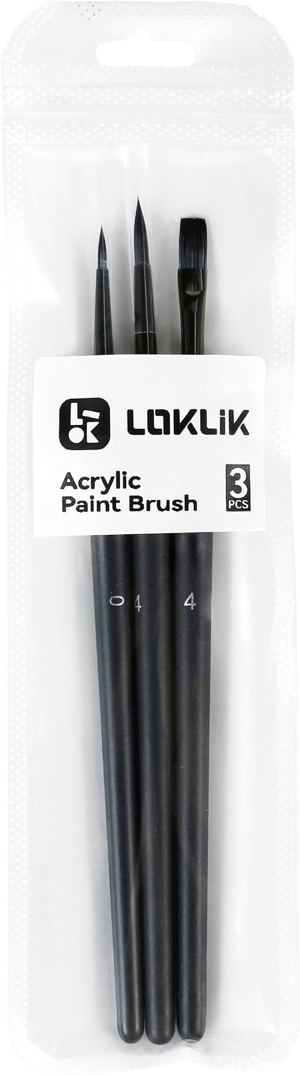 Ensemble de trois pinceaux de peinture acrylique noirs par LOKLIK, dotés de pointes rondes et plates, dans un étui en plastique transparent.