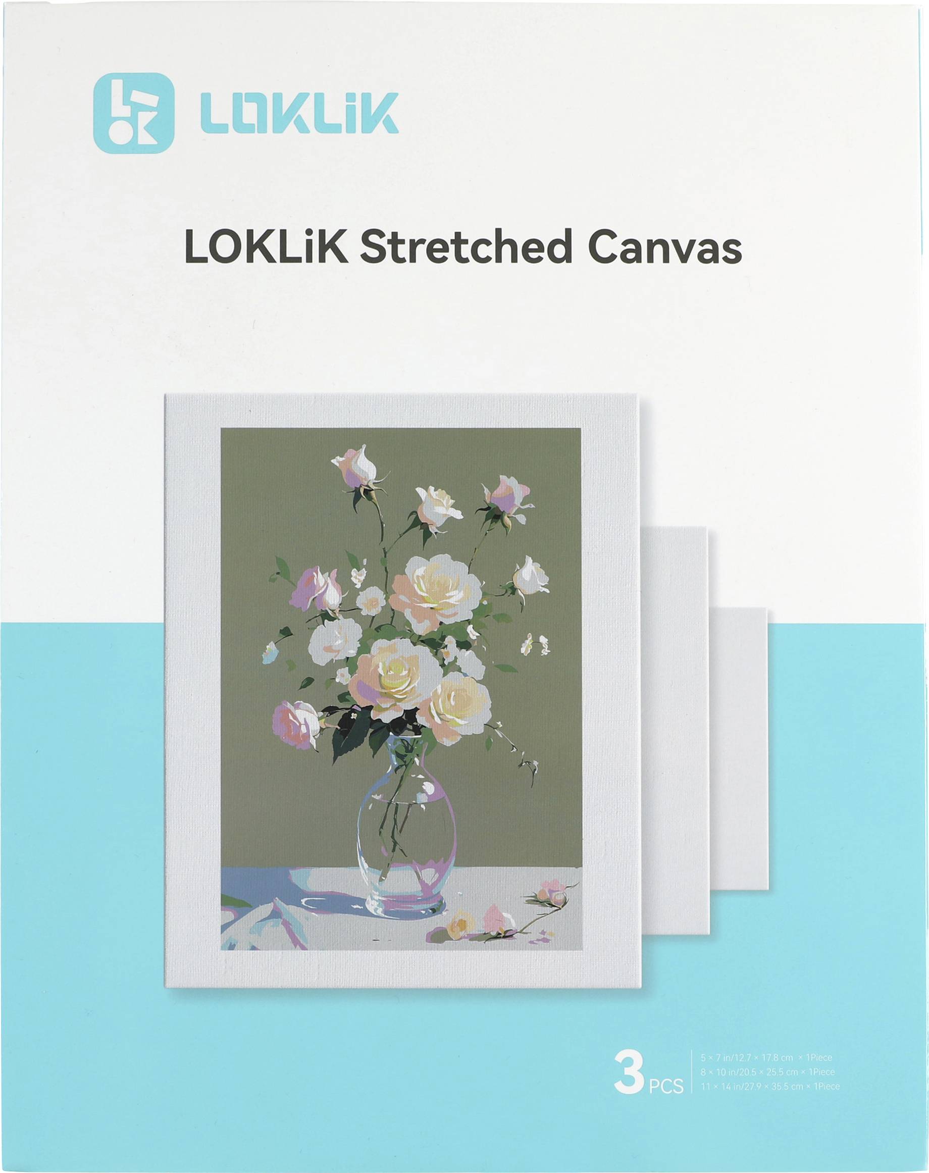 Package « LOKLiK Toile Tendue » présentant une peinture florale sur une toile. Contient 3 panneaux de toile. Logo de marque en haut.
