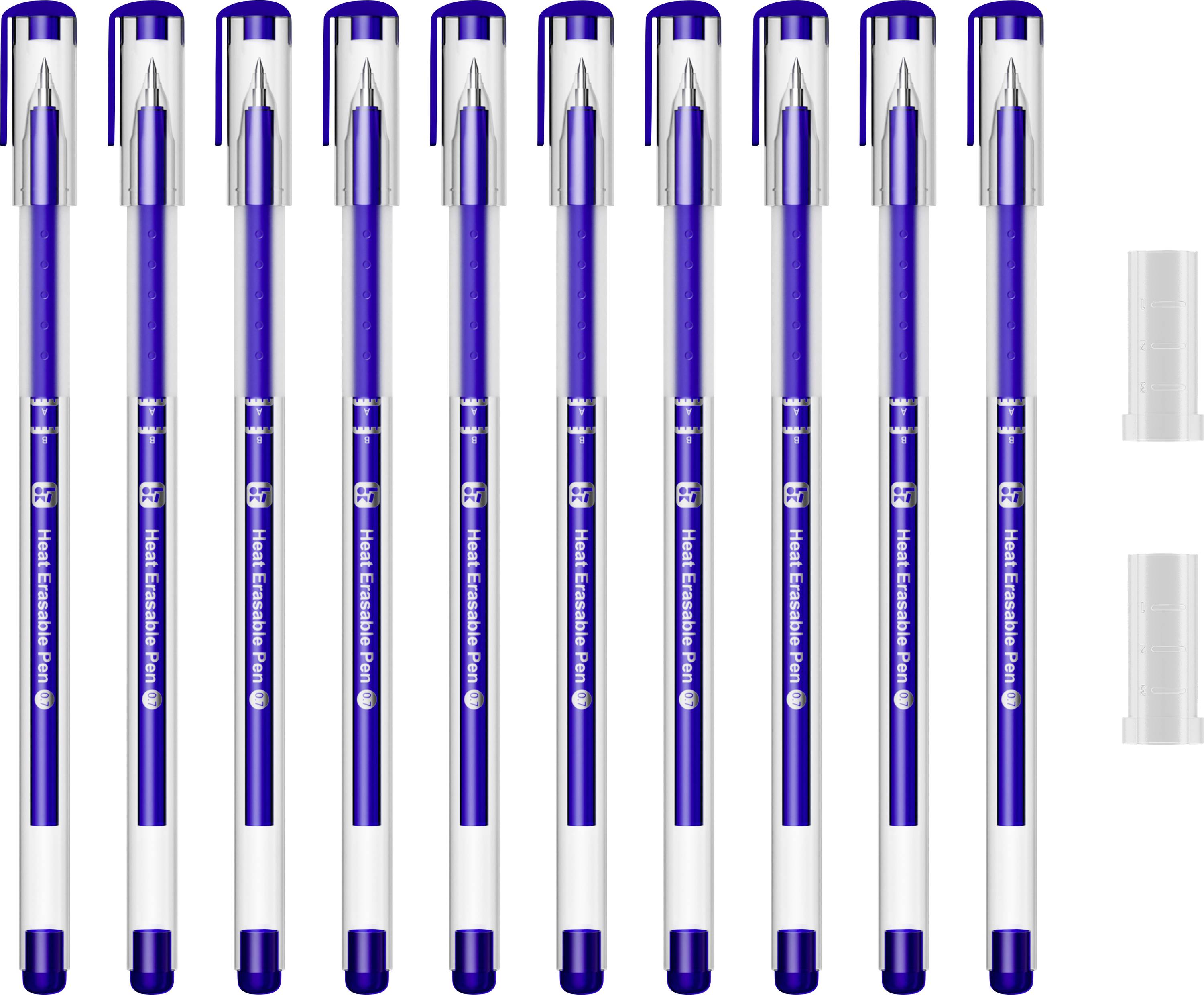 « Paquet de 10 stylos à bille bleus avec capuchons, arrangés en rangée. Trois capuchons de stylo supplémentaires sont placés à côté des stylos. »