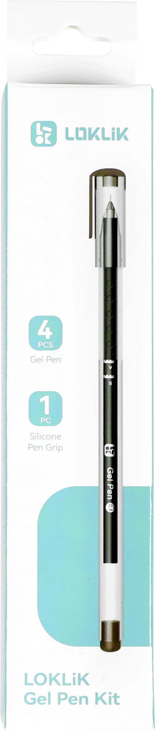 Boîte contenant un ensemble de stylos gel étiqueté « LOKLIK ». La boîte affiche une illustration d'un seul stylo noir et mentionne « 4 Stylos Gel » et « 1 Grip de Stylo ».