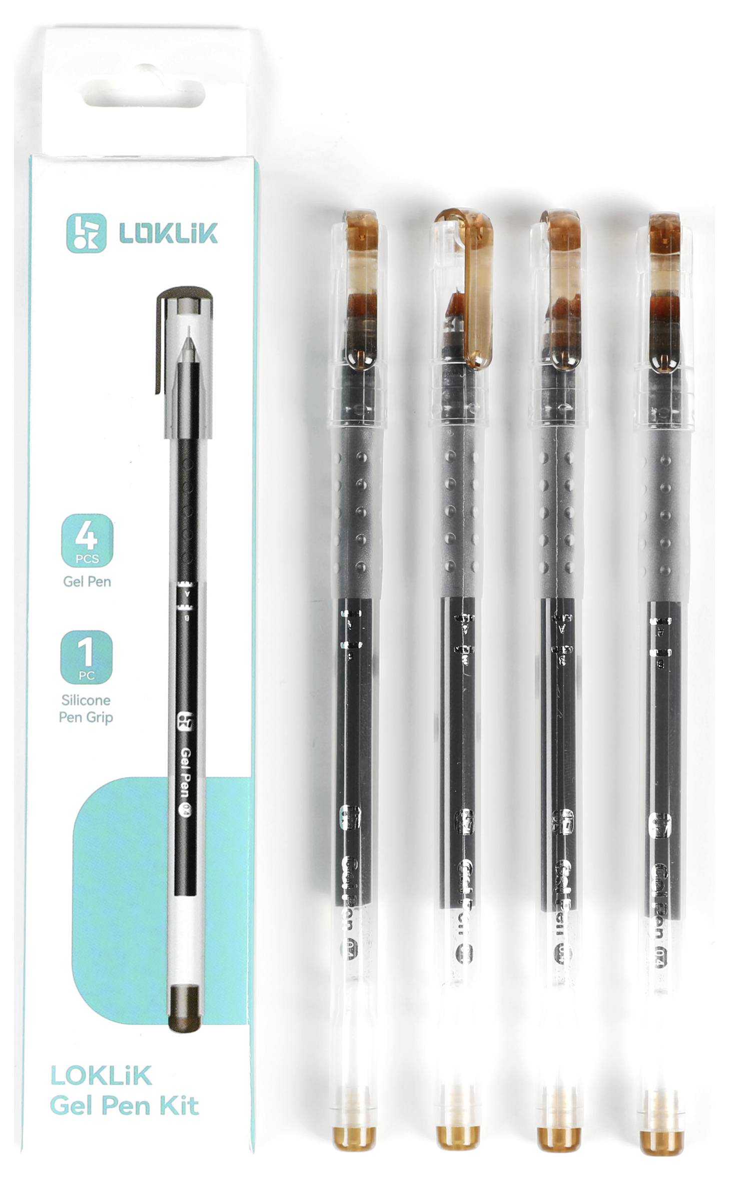 Kit de stylos-gel « LOKLIK » avec quatre stylos-gel noirs dotés de pointes marron et d'une poignée en silicone pour stylo, alignés à côté de la boîte d'emballage.