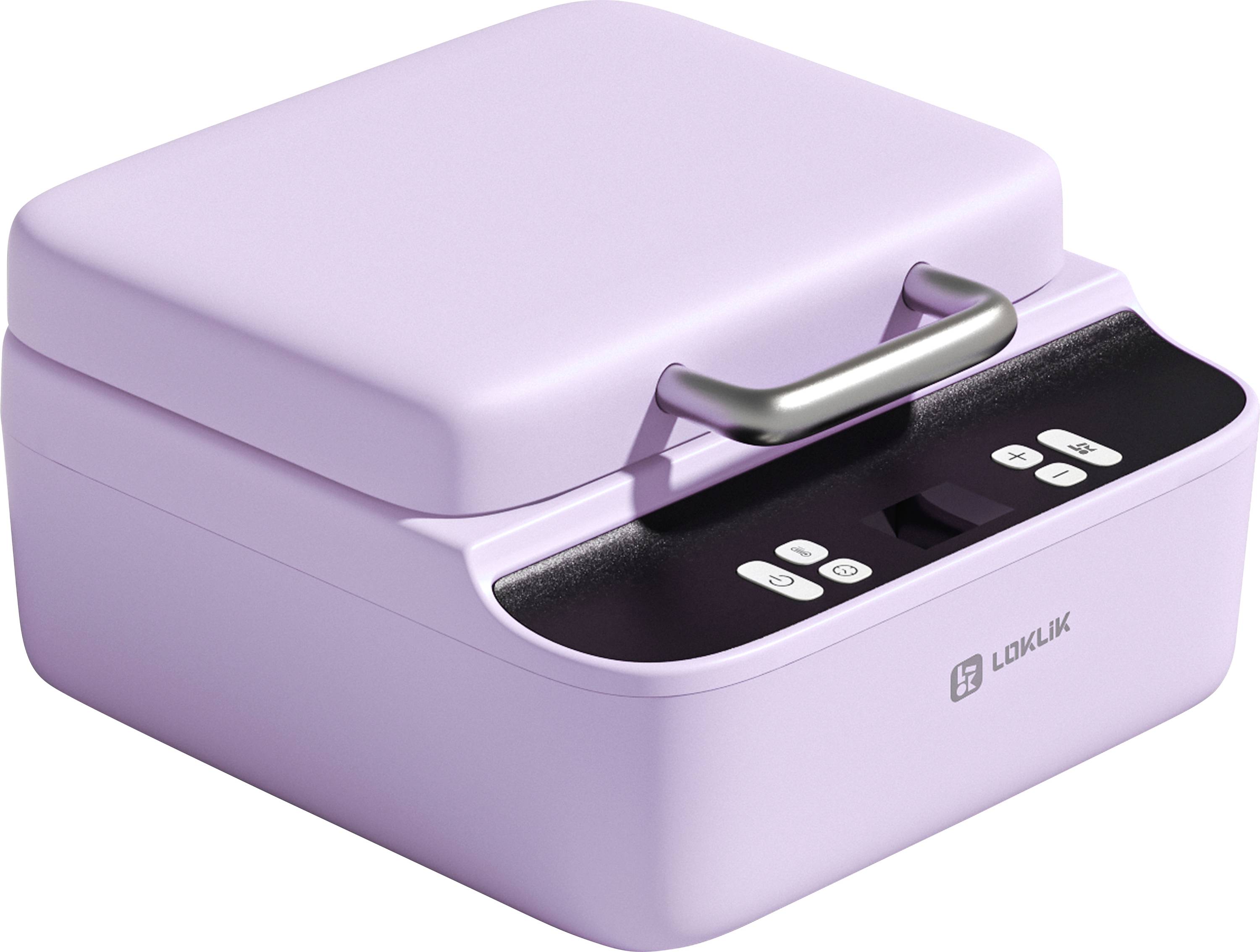 Une boîte de stérilisateur rectangulaire de couleur violette avec une poignée sur le dessus et des commandes numériques sur le panneau frontal, utilisée pour la désinfection d'objets.
