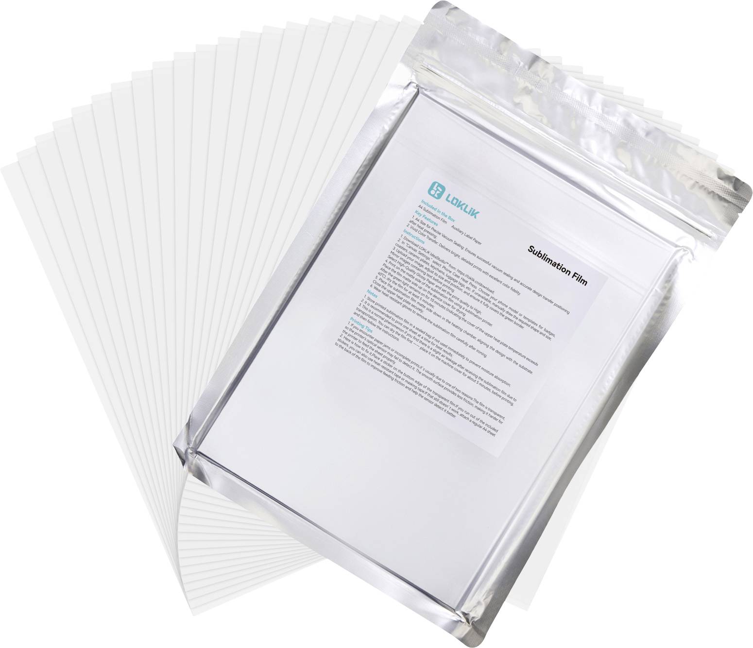 Une pile de feuilles de film de sublimation brillant partiellement étalées, avec une feuille dans un emballage argenté étiqueté « Film de Sublimation » par Laser Ink.