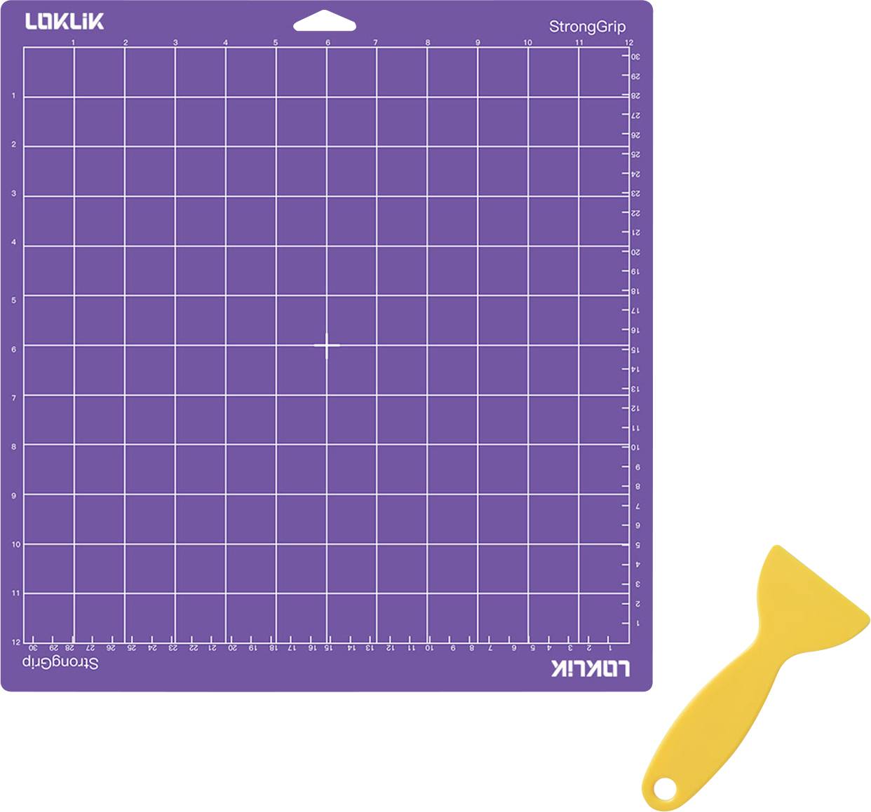 Un tapis de coupe violet avec des lignes de quadrillage étiquetées « StrongGrip » et un outil racleur jaune, utilisés pour des projets d'artisanat ou de découpe.
