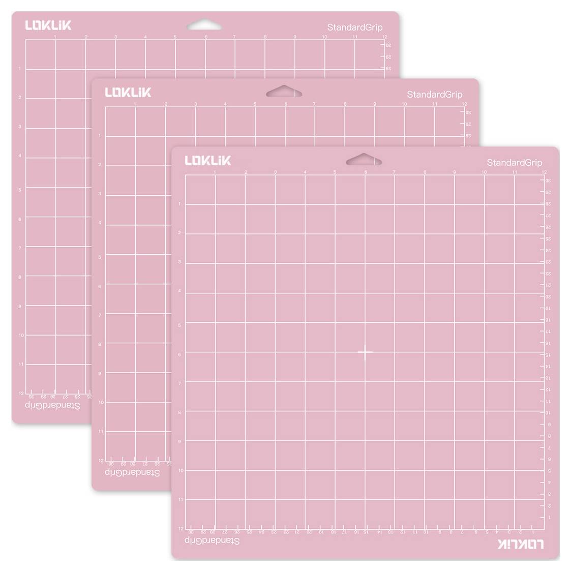 Ensemble de trois tapis de découpe rose avec motif quadrillé et marquage 'StandardGrip' et 'LOKLIK', utilisés pour l'artisanat et la découpe.