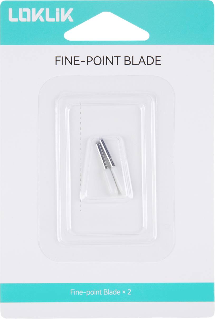 Emballage « LOKLIK Fine-Point Blade » avec une lame visible au centre du boîtier en plastique, étiqueté comme ensemble de 2, pour la découpe de précision.