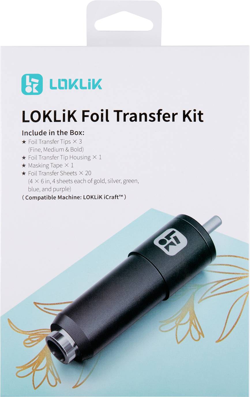Kit de transfert de feuille « LOKLİK » affichant l'outil de transfert de feuille et la liste des contenus, compatible avec les machines LOKLİK Cutie.