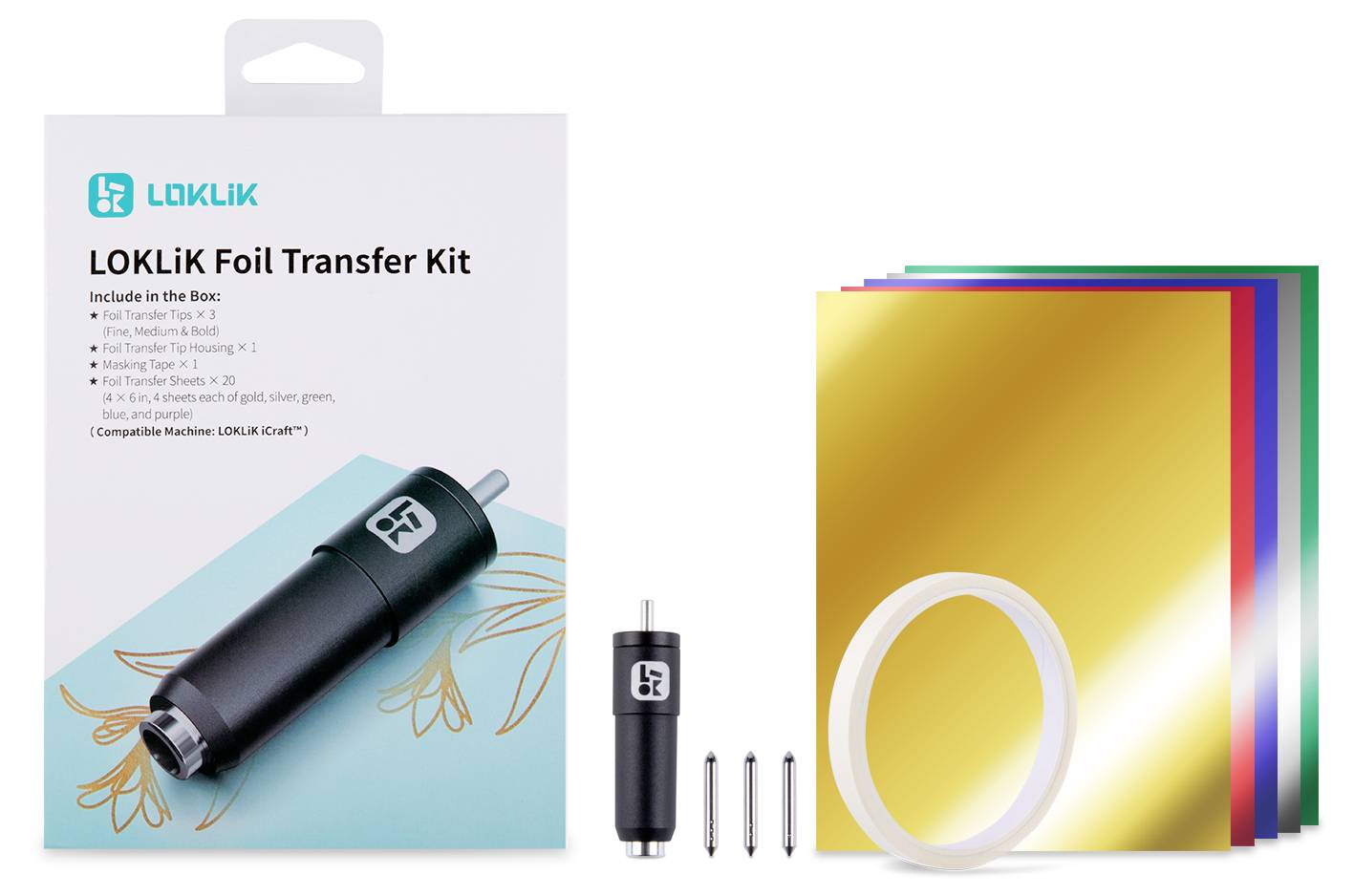 Le kit de transfert de feuille 'LOKLiK Foil Transfer Kit' comprend un outil de transfert de feuille, trois embouts, une feuille de feuille d'or, du ruban adhésif et les instructions. Compatible avec LOKLiK Explore.