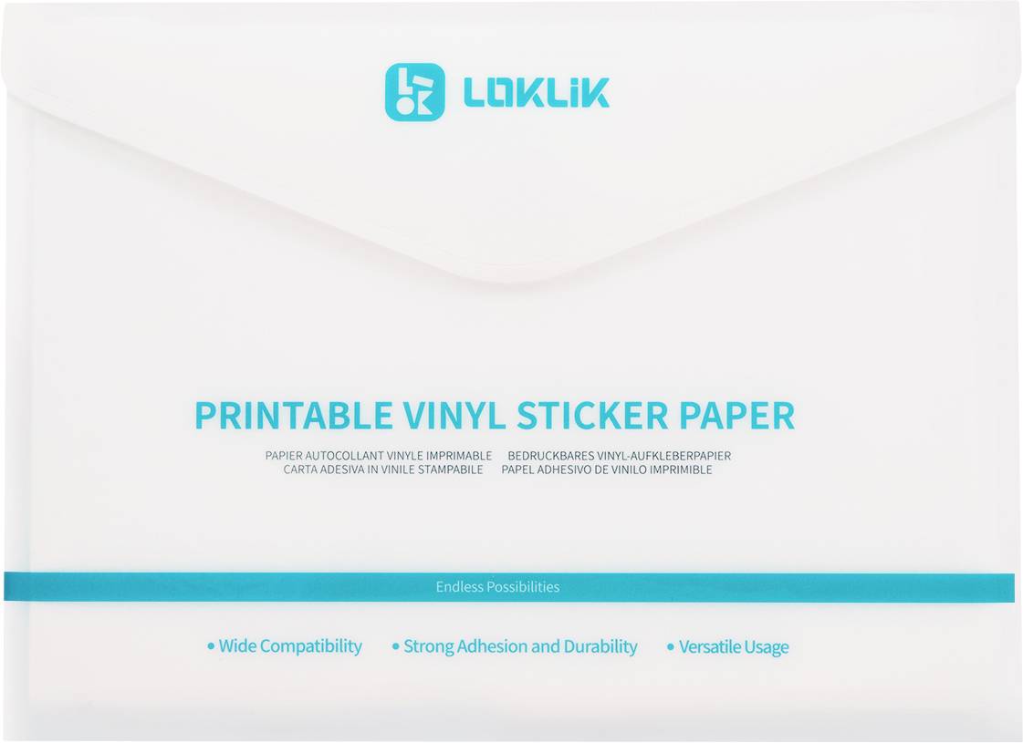 Papier autocollant vinyle imprimable « Loklik » - emballage montrant la compatibilité, l'adhésion forte, la durabilité et l'utilisation polyvalente.