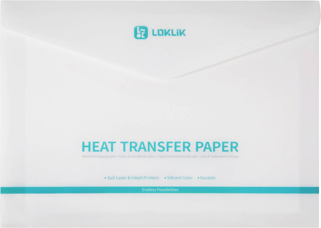 Paquet de papier de transfert thermique Loklik avec logo et texte « PAPIER DE TRANSFERT THERMIQUE », publicité mettant en avant l'adéquation pour les imprimantes laser et jet d'encre, les couleurs vibrantes et la durabilité.