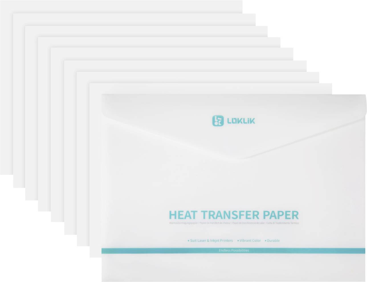 Pile de feuilles de papier de transfert thermique LOKLiK, avec l'emballage avant étiqueté « PAPIER DE TRANSFERT THERMIQUE ».
