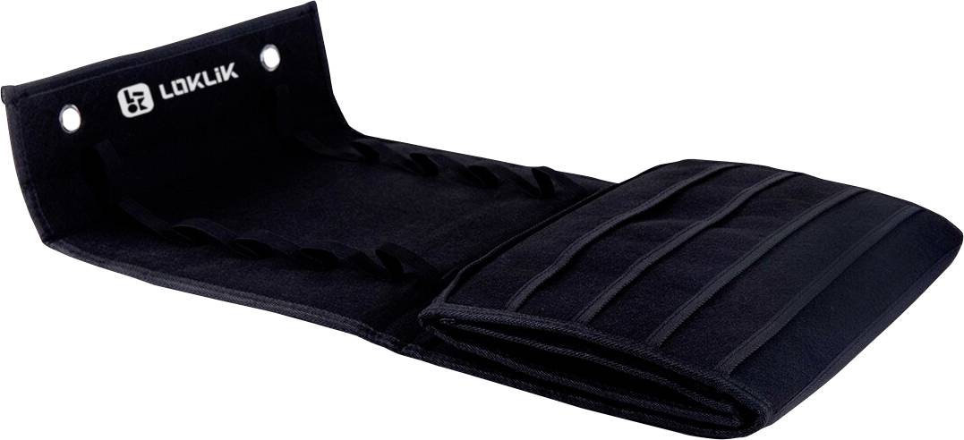 Pare-soleil auto pliant noir avec logo Loklik et ventouses, montré enroulé dans une forme de tapis nervuré compacte.