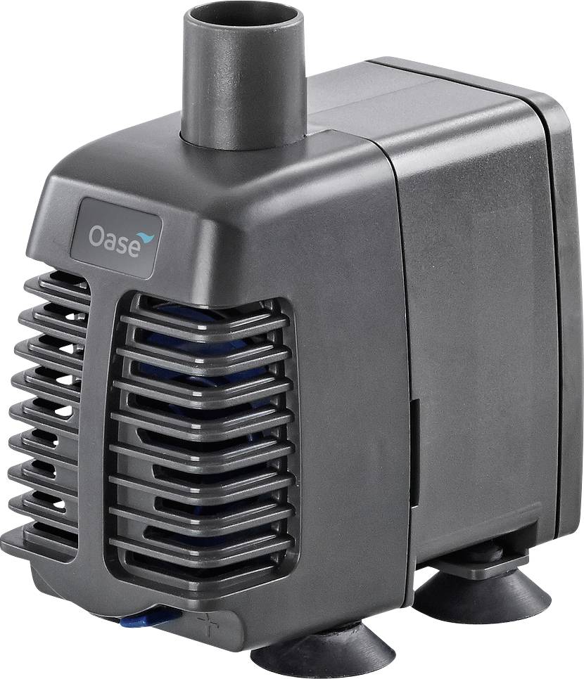 Une pompe à eau d'aquarium compacte noire avec une sortie cylindrique sur le dessus, portant l'étiquette « Oase », dotée d'une conception ventilée et de pieds à ventouses.