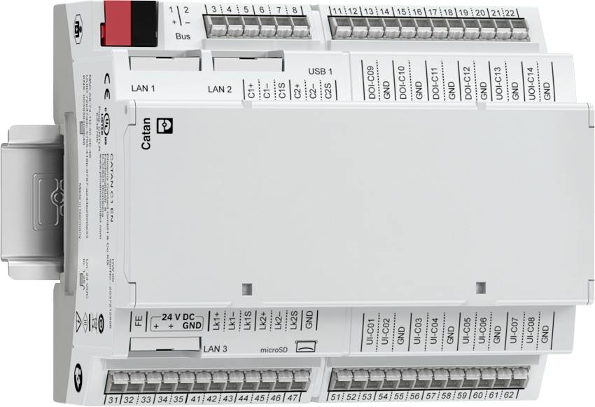 Un module de contrôle comportant divers ports et connecteurs étiquetés LAN, USB et GPIO pour l'interfaçage avec différents appareils électroniques.