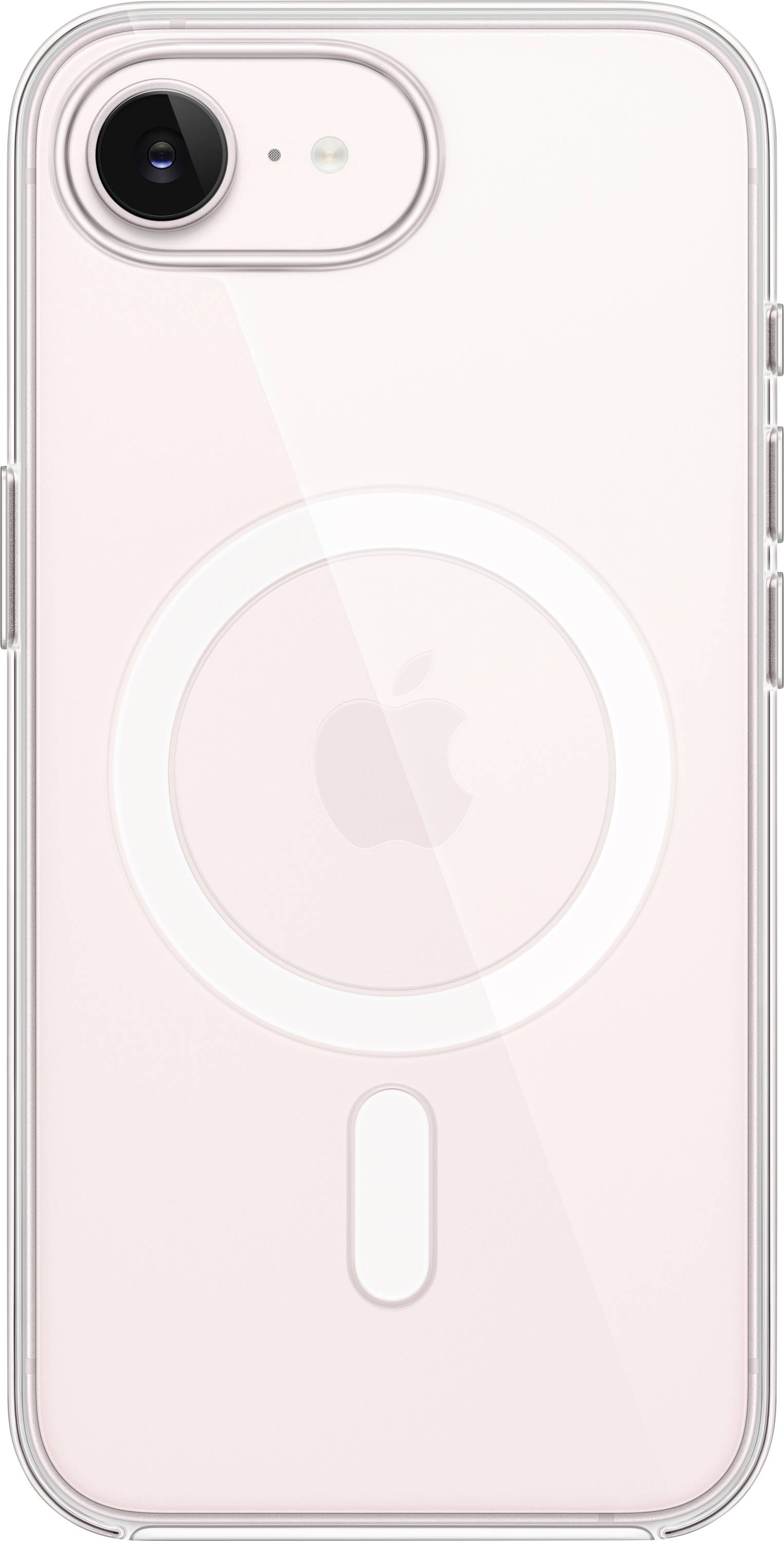 Un étui pour smartphone rose avec un contour MagSafe circulaire et un logo Apple au centre.