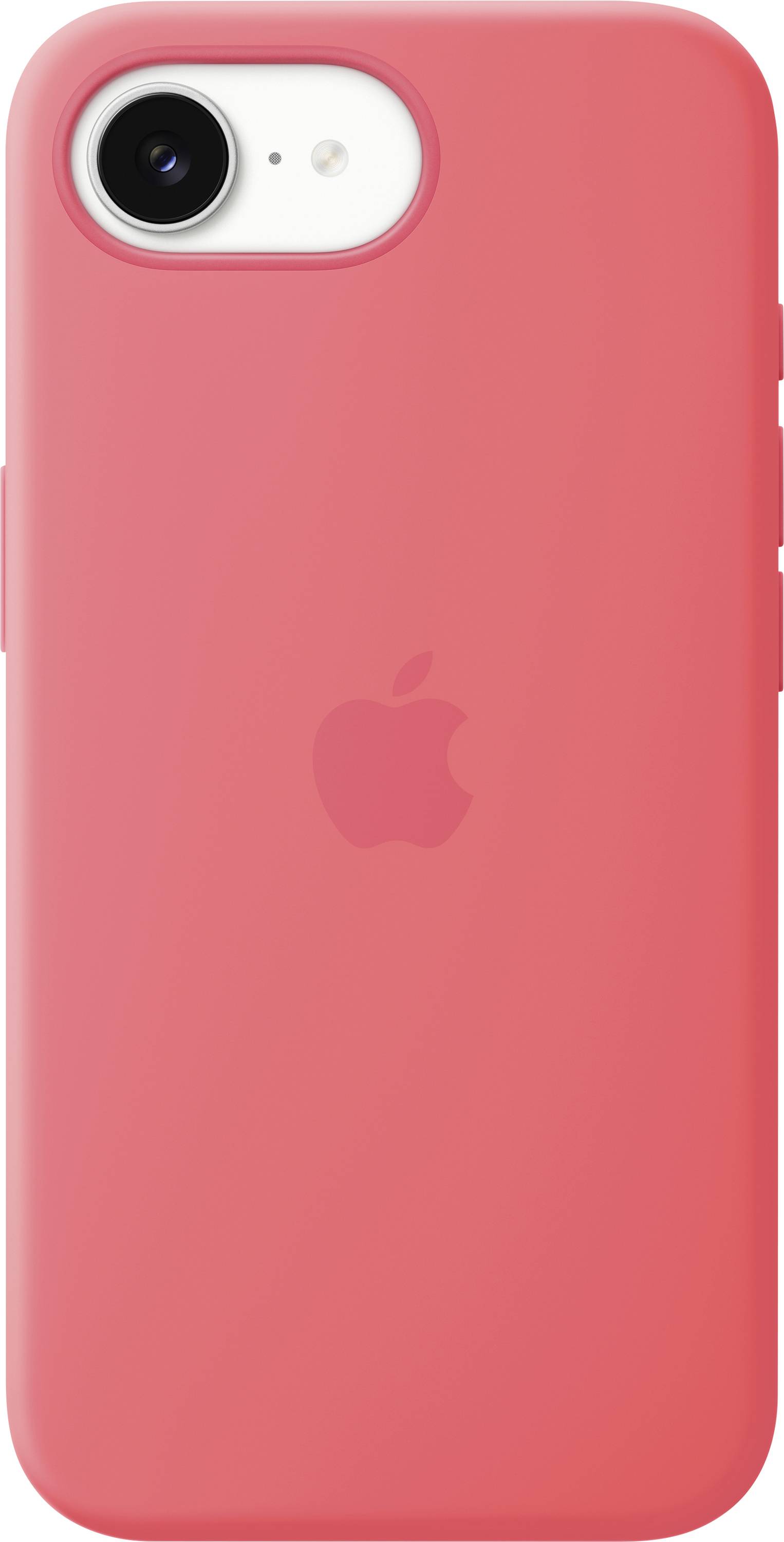 Étui de téléphone rouge avec une découpe pour la caméra dans le coin supérieur gauche, présentant un logo Apple en relief au centre.