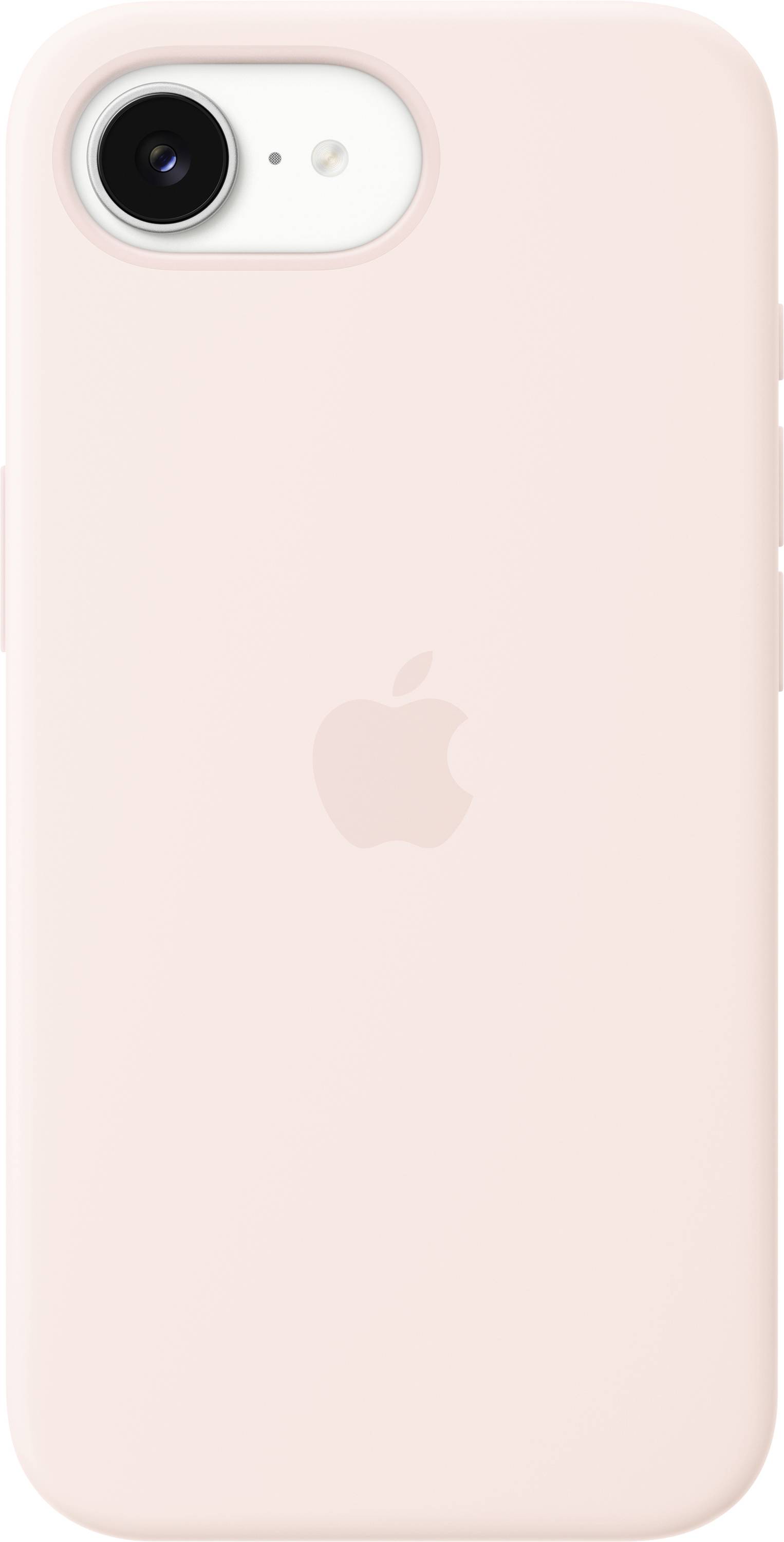 Un smartphone rose clair avec un seul appareil photo arrière, doté d'une coque lisse et d'un petit logo au centre.