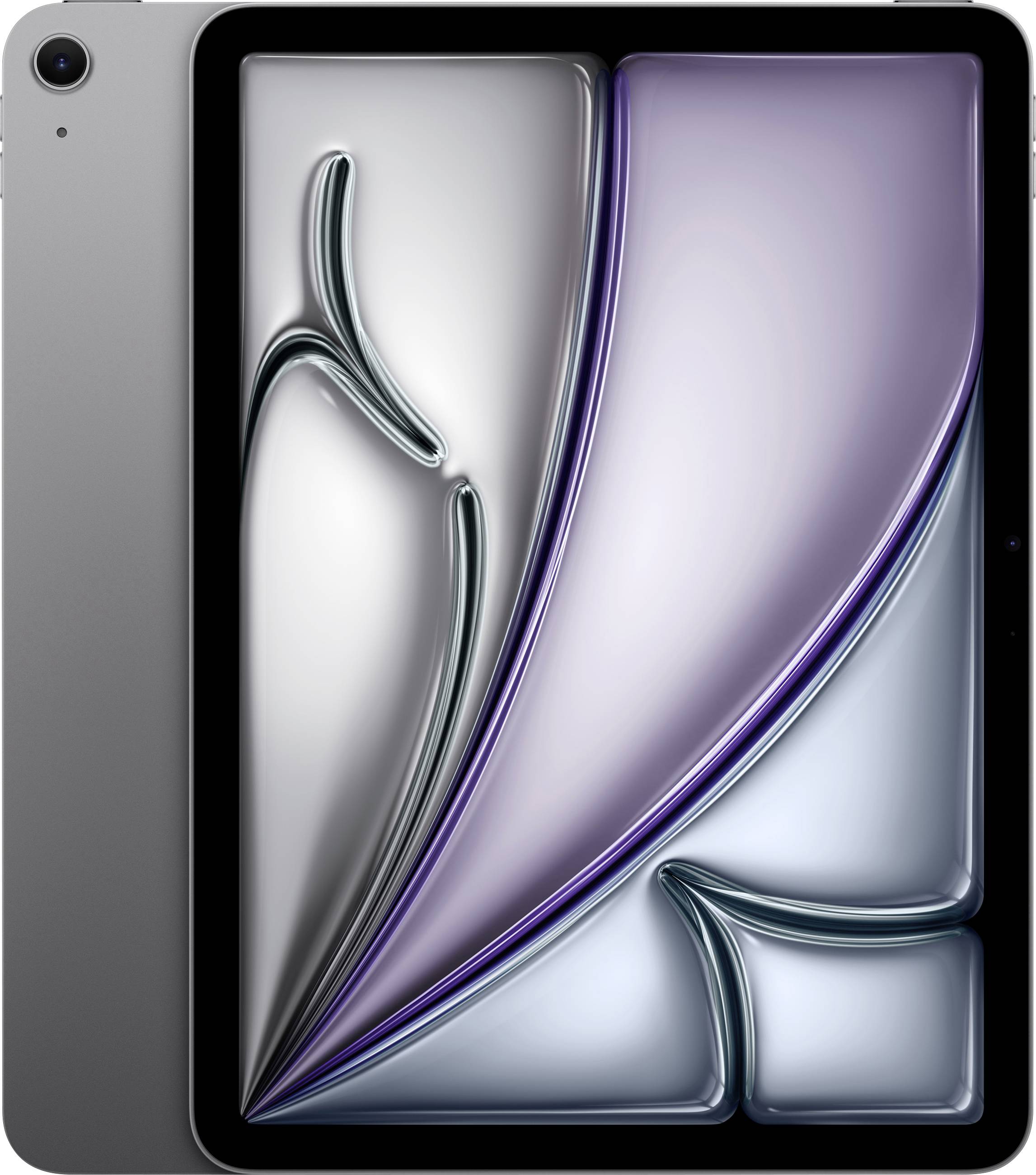 Une tablette élégante avec un grand écran affichant des formes abstraites et fluides en teintes d'argent et de violet sur un cadre gris foncé.